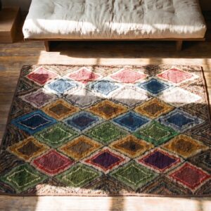 Square American Multicolor Hooked 1930s Wool Antique Rug (SKU 20538) - styled overhead view