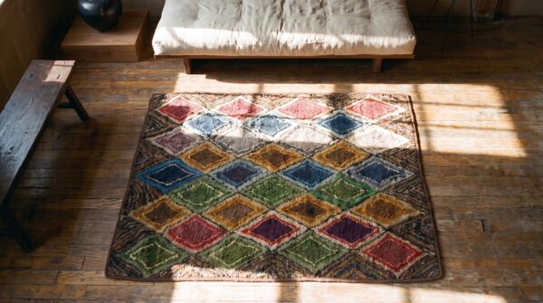Square american multicolor hooked 1930s wool antique rug 2 Square american multicolor hooked 1930s wool antique rug (sku 20538) - styled overhead view
