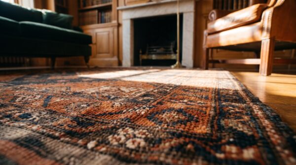 Antique square baluch persian rug - small tribal geometric scatter size 12 Antique square baluch persian rug - small tribal geometric scatter size (sku 17704) - in-room detail