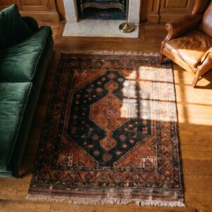 Antique Square Baluch Persian Rug - Small Tribal Geometric Scatter Size (SKU 17704) - styled overhead view