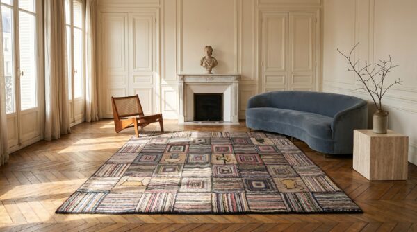 Antique square basket weave and log cabin american folk art hooked rug 10 Antique square basket weave and log cabin american folk art hooked rug (sku 18335) - room view