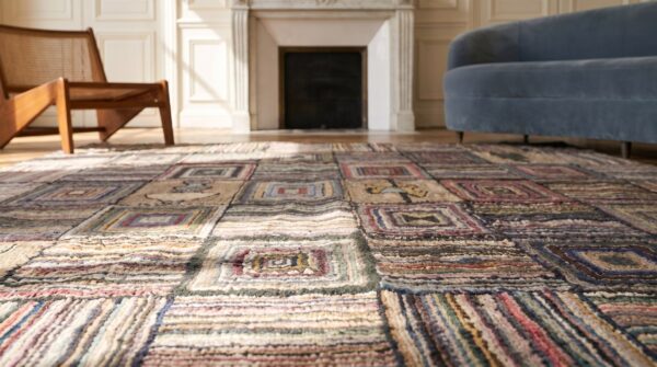 Antique square basket weave and log cabin american folk art hooked rug 11 Antique square basket weave and log cabin american folk art hooked rug (sku 18335) - in-room detail
