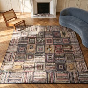 Antique Square Basket Weave and Log Cabin American Folk Art Hooked Rug (SKU 18335) - styled overhead view