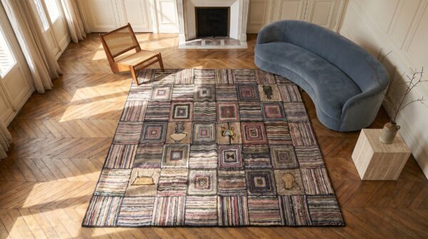 Antique square basket weave and log cabin american folk art hooked rug 2 Antique square basket weave and log cabin american folk art hooked rug (sku 18335) - styled overhead view