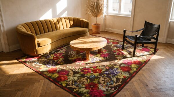 Antique square besserabian ukraine floral flat weave rug 9 Antique square besserabian ukraine floral flat weave rug (sku 24479) - room view