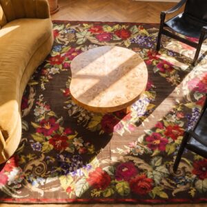 Antique Square Besserabian Ukraine Floral Flat Weave Rug (SKU 24479) - styled overhead view