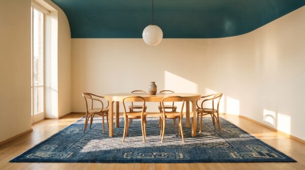 Antique square blue geometric chinese baotou wool pile rug 6 Antique square blue geometric chinese baotou wool pile rug (sku 24469) - room view