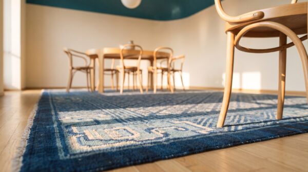 Antique square blue geometric chinese baotou wool pile rug 7 Antique square blue geometric chinese baotou wool pile rug (sku 24469) - in-room detail
