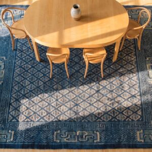 Antique Square Blue Geometric Chinese Baotou Wool Pile Rug (SKU 24469) - styled overhead view