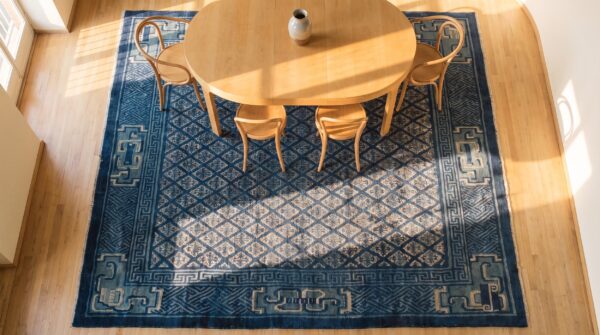 Antique square blue geometric chinese baotou wool pile rug 2 Antique square blue geometric chinese baotou wool pile rug (sku 24469) - styled overhead view