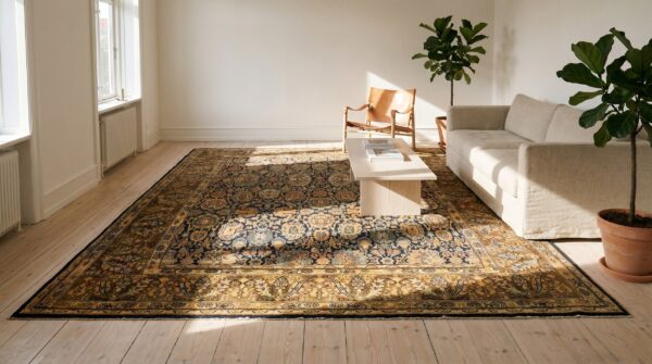 Antique square blue persian bibikabad rug with allover tribal floral pattern 7 Antique square blue persian bibikabad rug with allover tribal floral pattern (sku 19776) - room view