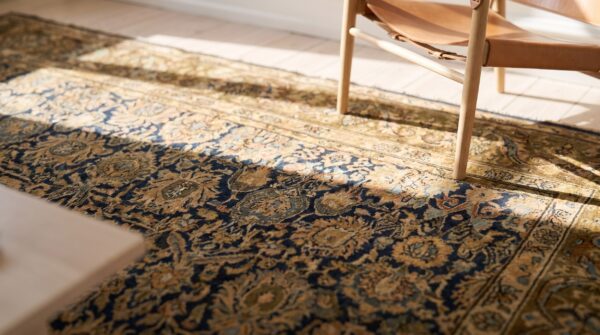 Antique square blue persian bibikabad rug with allover tribal floral pattern 8 Antique square blue persian bibikabad rug with allover tribal floral pattern (sku 19776) - in-room detail