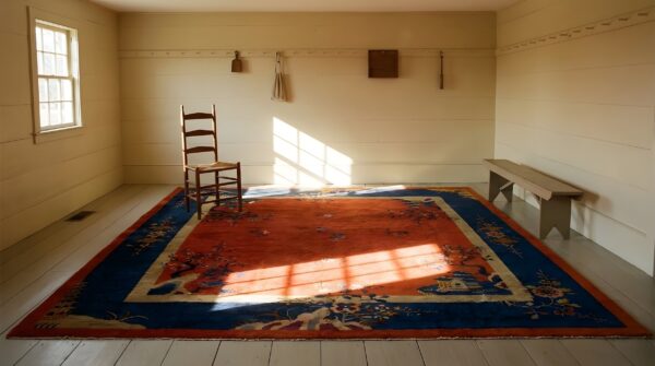 Antique square wool blue red hand knotted pile rug 6 Antique square wool blue red hand knotted pile rug (sku 24458) - room view