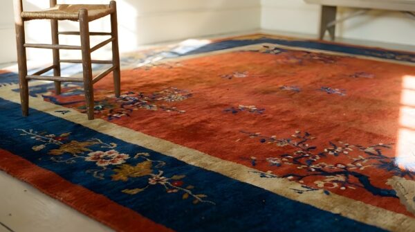 Antique square wool blue red hand knotted pile rug 7 Antique square wool blue red hand knotted pile rug (sku 24458) - in-room detail