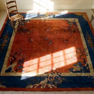 Antique Square Wool Blue Red Hand Knotted Pile Rug (SKU 24458) - styled overhead view