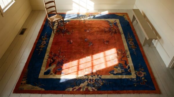 Antique square wool blue red hand knotted pile rug 2 Antique square wool blue red hand knotted pile rug (sku 24458) - styled overhead view