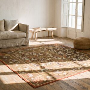 Antique Square Brown Earth Tone Floral French Aubusson Flat Woven Rug (SKU 18493) - room view