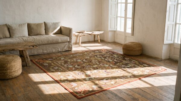 Antique square brown earth tone floral french aubusson flat woven rug 7 Antique square brown earth tone floral french aubusson flat woven rug (sku 18493) - room view