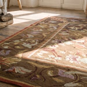 Antique Square Brown Earth Tone Floral French Aubusson Flat Woven Rug (SKU 18493) - in-room detail
