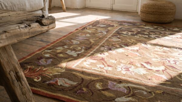 Antique square brown earth tone floral french aubusson flat woven rug 8 Antique square brown earth tone floral french aubusson flat woven rug (sku 18493) - in-room detail