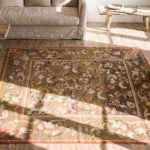 Antique Square Brown Earth Tone Floral French Aubusson Flat Woven Rug (SKU 18493) - styled overhead view