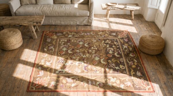 Antique square brown earth tone floral french aubusson flat woven rug 2 Antique square brown earth tone floral french aubusson flat woven rug (sku 18493) - styled overhead view