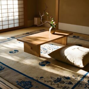 Antique Square Wool Brown Earth Tone Ivory Beige Hand Knotted Pile Rug (SKU 24728) - room view