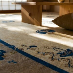 Antique Square Wool Brown Earth Tone Ivory Beige Hand Knotted Pile Rug (SKU 24728) - in-room detail