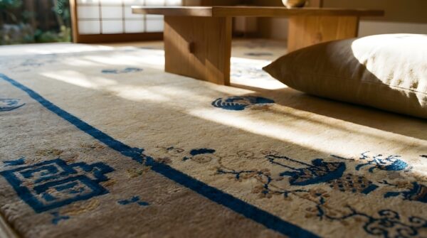 Antique square wool brown earth tone ivory beige hand knotted pile rug 11 Antique square wool brown earth tone ivory beige hand knotted pile rug (sku 24728) - in-room detail
