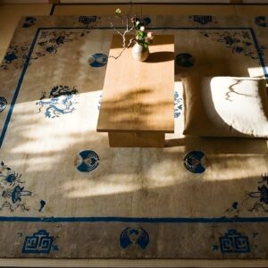 Antique Square Wool Brown Earth Tone Ivory Beige Hand Knotted Pile Rug (SKU 24728) - styled overhead view