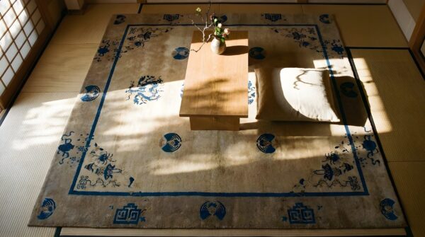 Antique square wool brown earth tone ivory beige hand knotted pile rug 2 Antique square wool brown earth tone ivory beige hand knotted pile rug (sku 24728) - styled overhead view