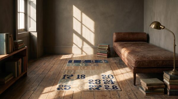Antique square chinese numerical grid pattern area rug (sku 21767) - room view