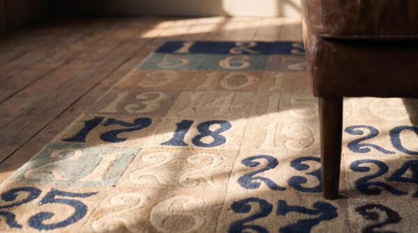 Antique square chinese numerical grid pattern area rug (sku 21767) - in-room detail