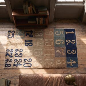 Antique Square Chinese Numerical Grid Pattern Area Rug (SKU 21767) - styled overhead view