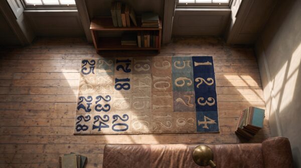 Antique square chinese numerical grid pattern area rug (sku 21767) - styled overhead view