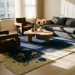 Antique Square Chinese Peking Wool Rug - Calming Blue Color Field (SKU 24034) - in-room detail
