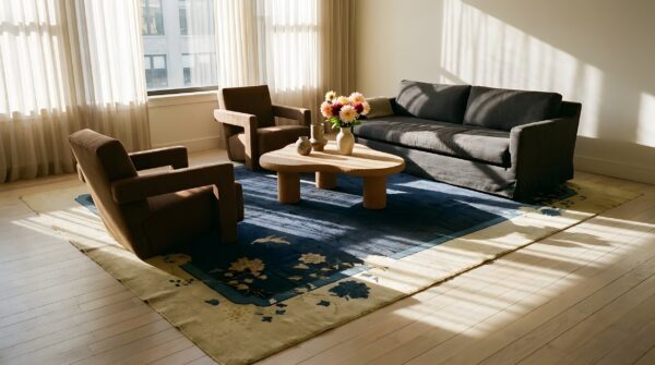 Antique square chinese peking wool rug - calming blue color field 2 Antique square chinese peking wool rug - calming blue color field (sku 24034) - styled overhead view