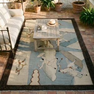 Antique Square Chinese Textile Knotted Rug (SKU 23777) - styled overhead view