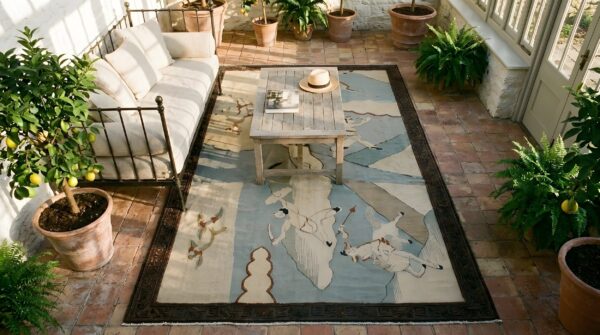 Antique square chinese textile knotted rug 2 Antique square chinese textile knotted rug (sku 23777) - styled overhead view