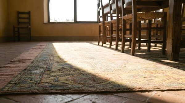 Antique square coral turkish oushak rug with large scale allover design 7 Antique square coral turkish oushak rug with large scale allover design (sku 24782) - in-room detail