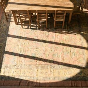 Antique Square Coral Turkish Oushak Rug with Large Scale Allover Design (SKU 24782) - styled overhead view