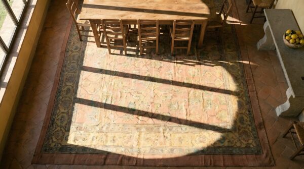 Antique square coral turkish oushak rug with large scale allover design 2 Antique square coral turkish oushak rug with large scale allover design (sku 24782) - styled overhead view