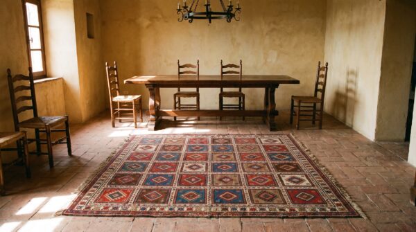 Antique square flatweave caucasian verneh tribal geometric kilim rug 8 Antique square flatweave caucasian verneh tribal geometric kilim rug (sku 22766) - room view