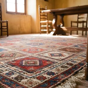 Antique Square Flatweave Caucasian Verneh Tribal Geometric Kilim Rug (SKU 22766) - in-room detail
