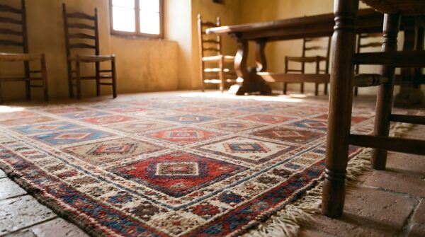 Antique square flatweave caucasian verneh tribal geometric kilim rug 9 Antique square flatweave caucasian verneh tribal geometric kilim rug (sku 22766) - in-room detail