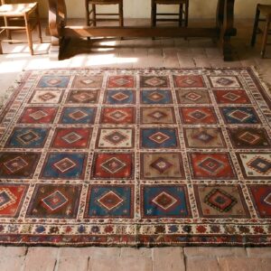 Antique Square Flatweave Caucasian Verneh Tribal Geometric Kilim Rug (SKU 22766) - styled overhead view