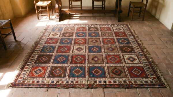 Antique square flatweave caucasian verneh tribal geometric kilim rug 2 Antique square flatweave caucasian verneh tribal geometric kilim rug (sku 22766) - styled overhead view