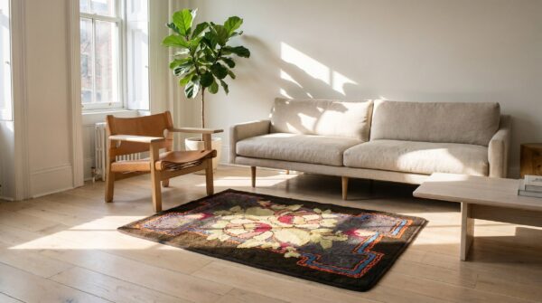 Antique square floral bouquet american hooked rug 7 Antique square floral bouquet american hooked rug (sku 17637) - room view