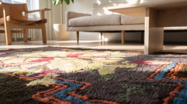 Antique square floral bouquet american hooked rug 8 Antique square floral bouquet american hooked rug (sku 17637) - in-room detail