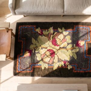 Antique Square Floral Bouquet American Hooked Rug (SKU 17637) - styled overhead view